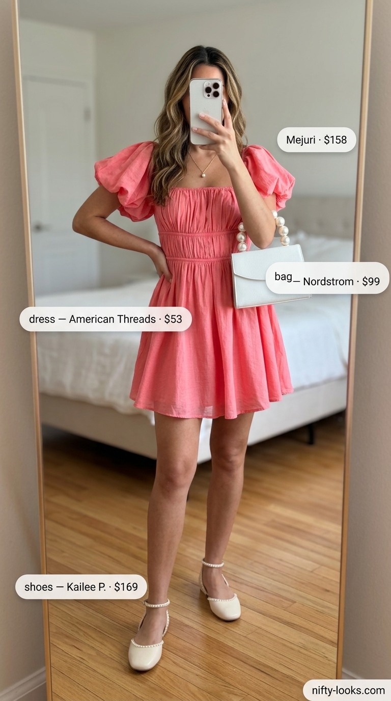 Romantic Lace Pink Coquette Outfits 2026 Pastel pink babydoll mini dress with lace trim for a romantic garden party. Pink coquette summer outfits for women 2026.