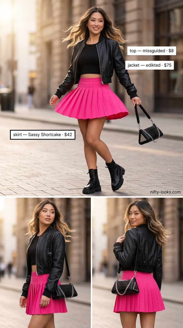 Y2K Pop Princess Pink Coquette Outfits 2026 Hot pink pleated mini skirt outfit for a Y2K pop princess concert or night out. Pink coquette summer outfits for women 2026.