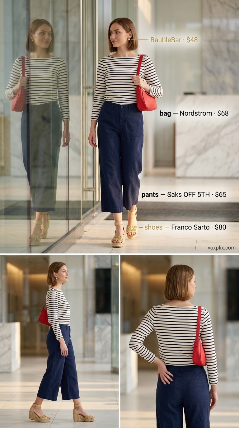 Summer Linen Business Casual Outfit for Women 2026 Chic summer linen business casual outfit for women 2026: navy trousers, striped top, tan espadrilles, red bag.