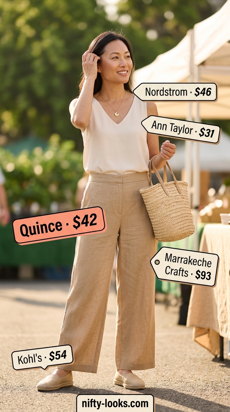 Flattering Summer Outfit for Women Over 40 2026: Brunch Outfit Style Flattering summer outfit for women over 40 2026: Sage green linen pants, cream knit top, and espadrilles for brunch.