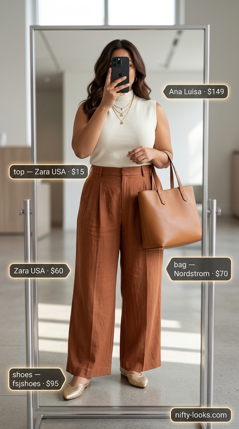 Creative Office Style: Professional Summer Outfits 2026 Professional summer office outfits for women 2026: Rust wide-leg trousers, ivory blouse, and gold mules for a creative office.