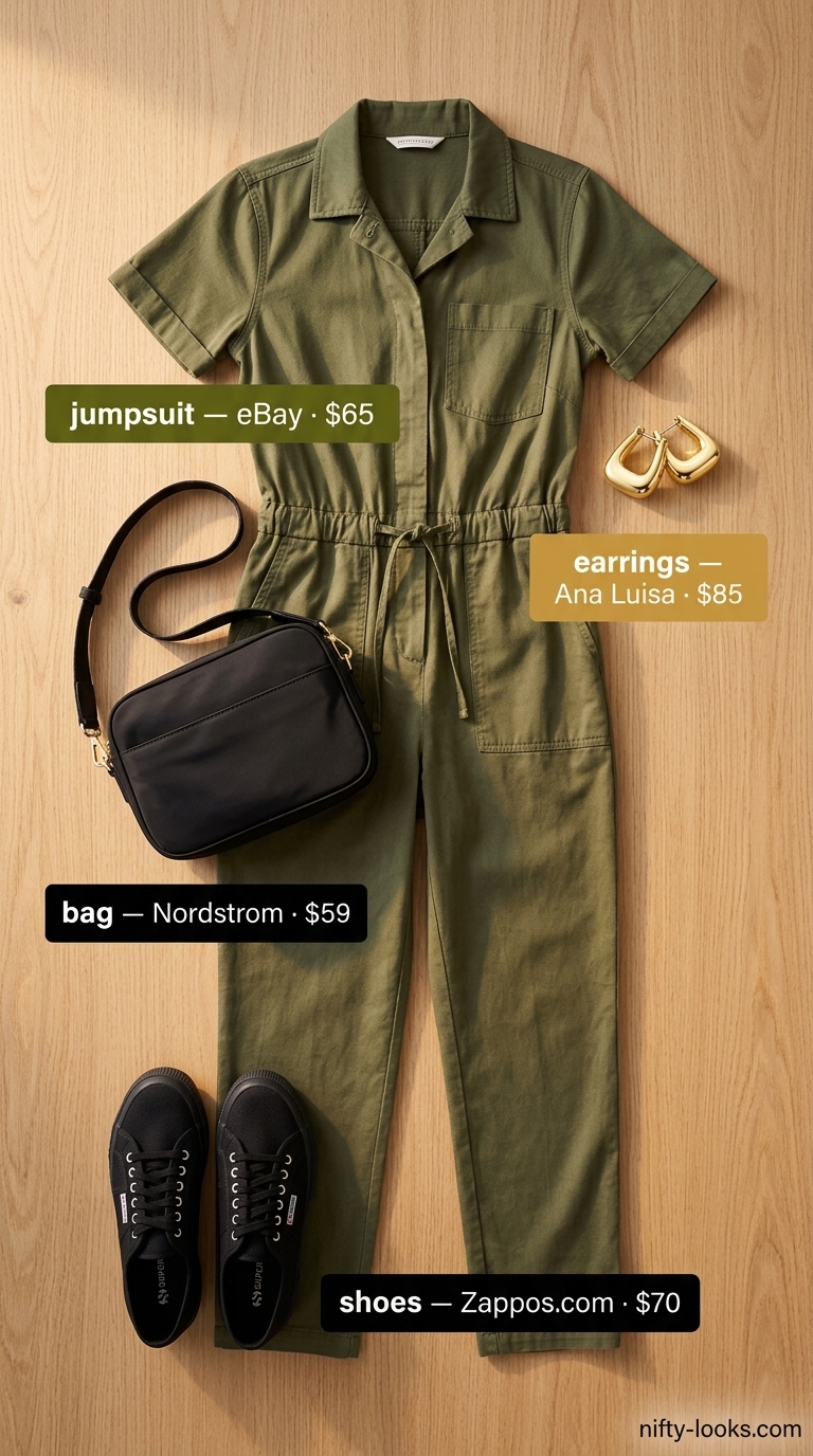 Olive green jumpsuit outfit for women 2026: utility jumpsuit, black crossbody bag, gold hoops.