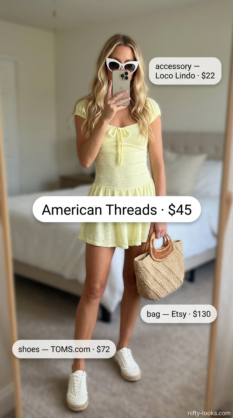 Trendy outfit inspo summer for women 2026: Yellow sundress, espadrille sneakers, and woven tote for a park stroll.