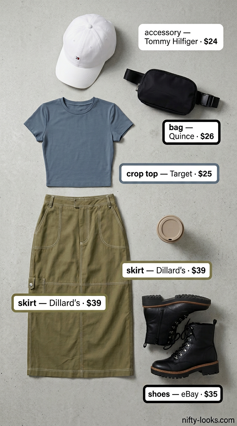 Maxi skirt with crop top outfits summer for women 2026: Olive cargo maxi skirt, utility crop top, combat boots for urban style.
