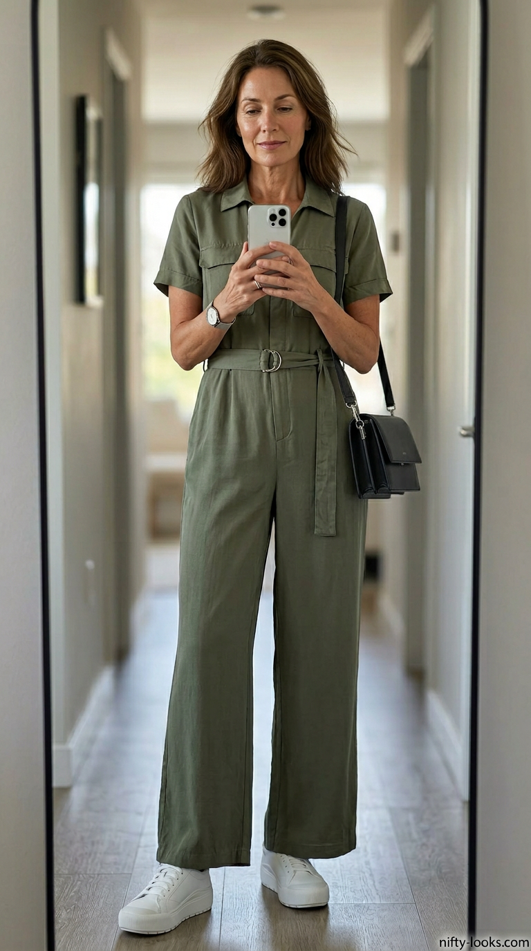 Breezy summer outfit for women over 60 2026: Olive green utility jumpsuit, white sneakers, black crossbody bag.