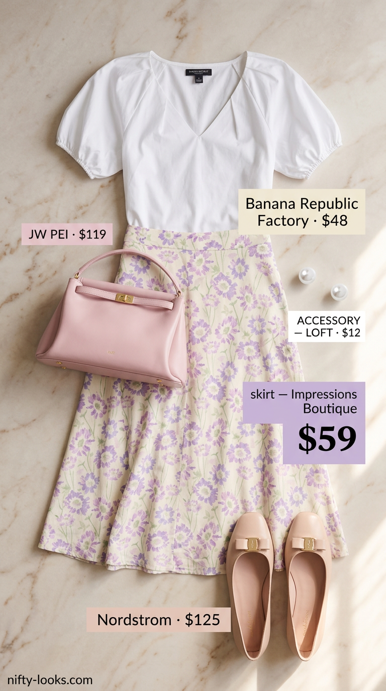 Breezy summer outfit for women over 60 2026: Lavender floral skirt, cream blouse, nude flats for a cafe afternoon.