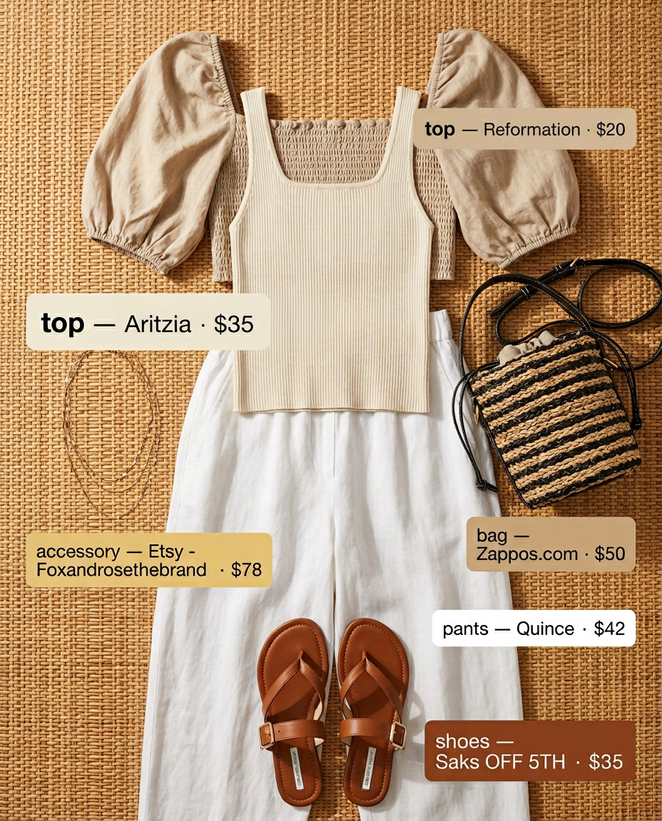 Summer Square Neck outfits for women 2026: Linen set with crop top and wide-leg pants for beach.