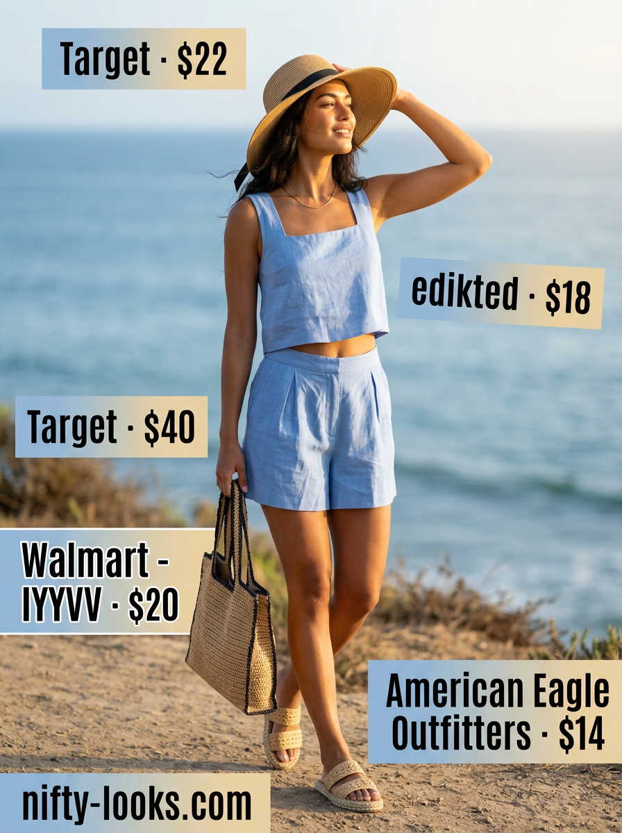 Summer Square Neck outfits for women 2026: Sky blue linen set with shorts for beach.