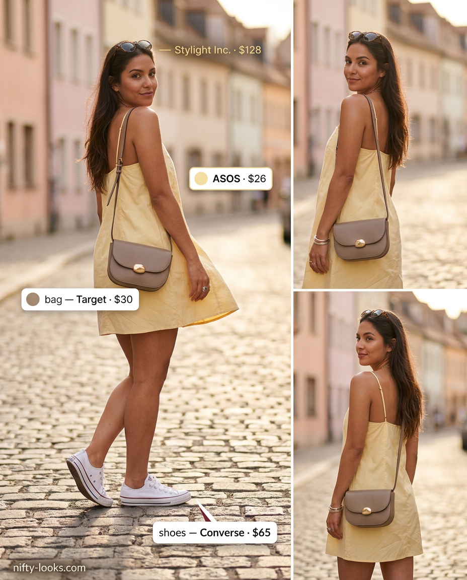 Summer Square Neck outfits for women 2026: Yellow mini dress, white sneakers for daytime.
