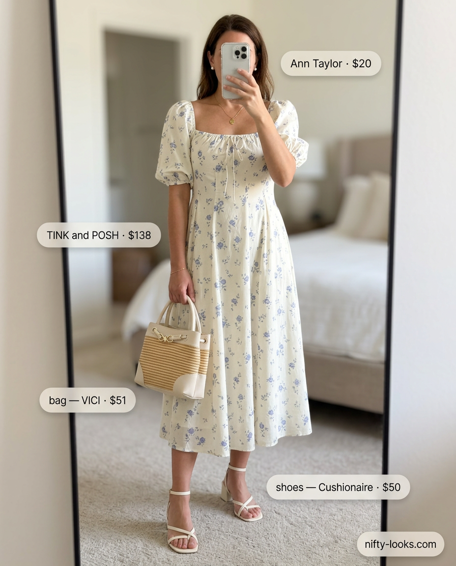 Summer Square Neck outfits for women 2026: Floral midi dress, block heels for garden party.
