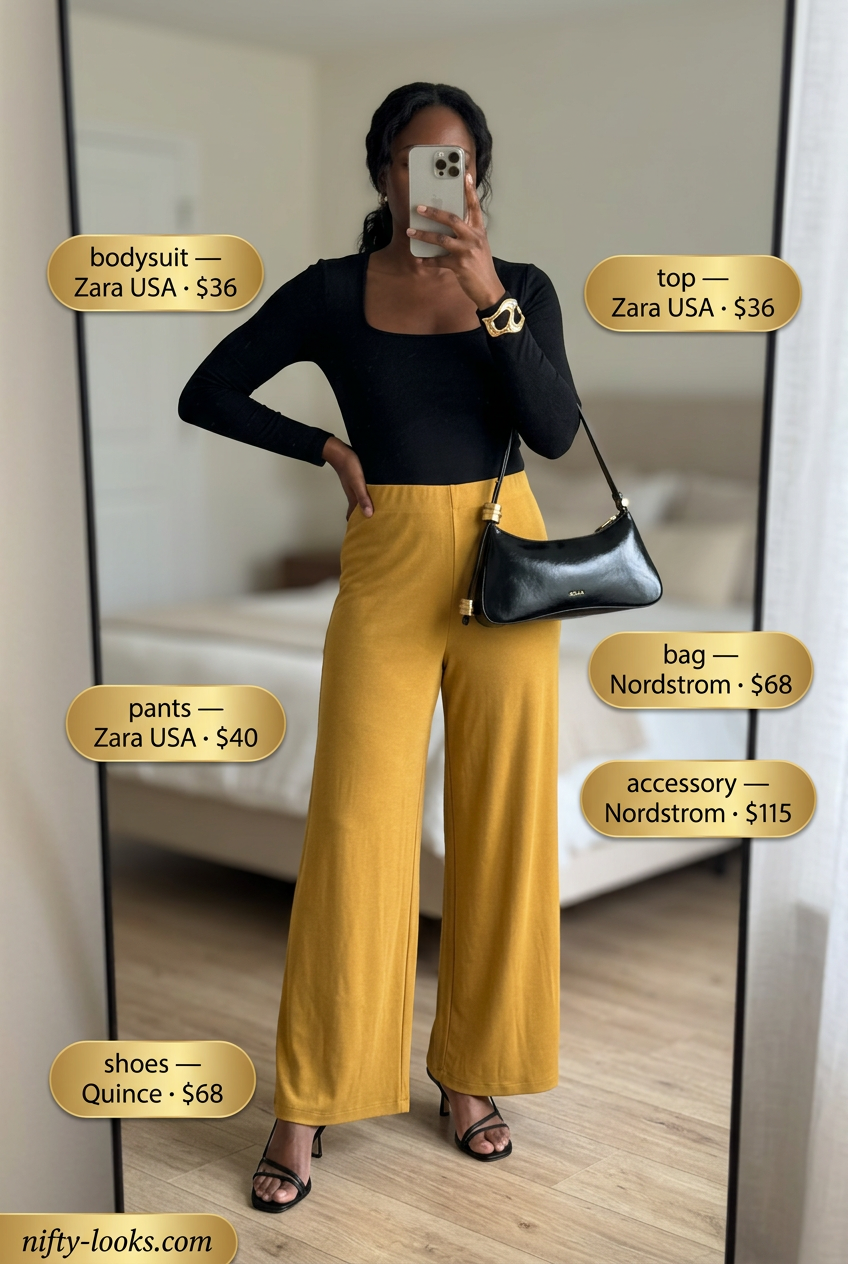 Golden hour wide-leg pants summer square neck outfit for women 2026, elegant for evenings.