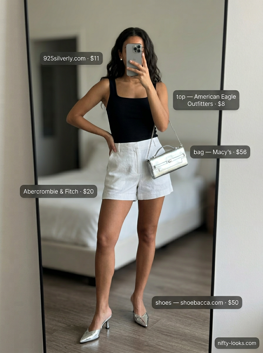 Urban summer square neck outfit for women 2026, with black crop top, linen shorts, and silver heels.