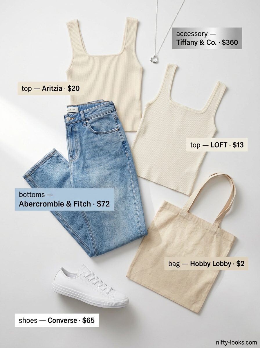 Casual denim summer square neck outfit for women 2026, featuring jeans and a ribbed tank top.