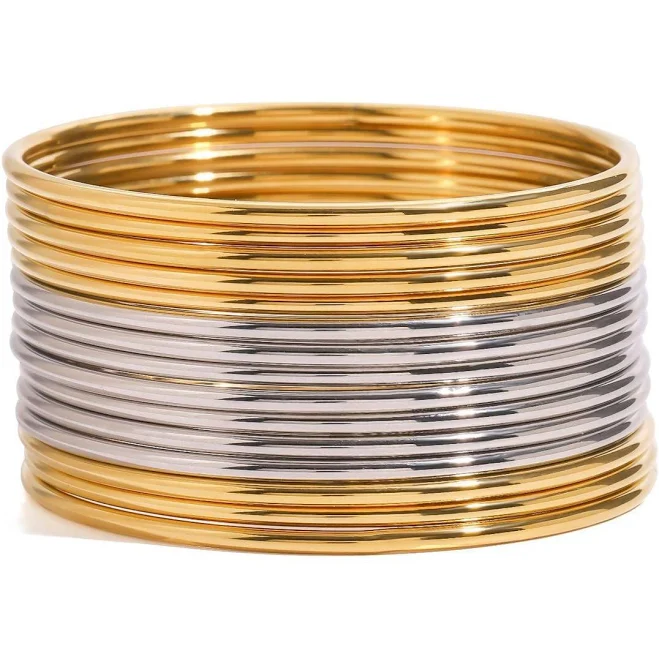 accessory 18K Gold Minimalist Slim Bangle Bracelet Stack (5pcs) Sunrise Bling Jewelry $59.99