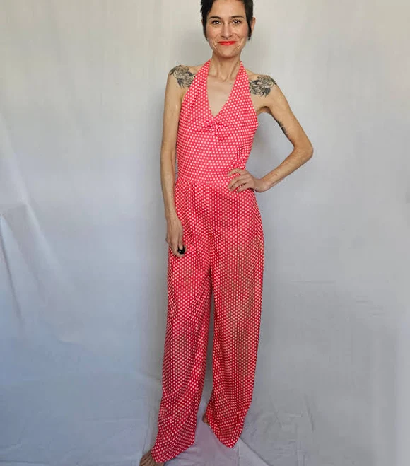 jumpsuit 1970s Halter Neck Wide Leg Polka Dot Jumpsuit Etsy - Figure8Vintage $139.79