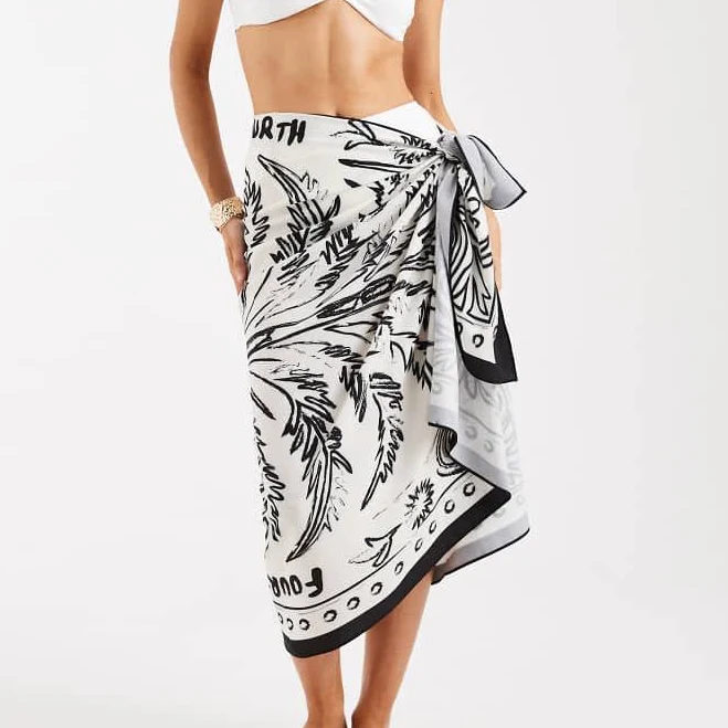 cover-up 4th & Reckless satin wrap beach sarong skirt in black & white palm tile print-Multi ASOS $66