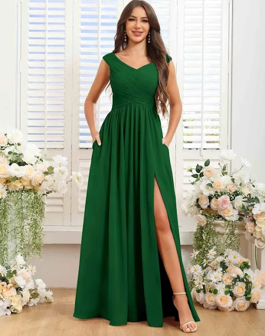 dress A-Line V-Neck Pleated Slit Bridesmaid Dress Pomuyoo $89