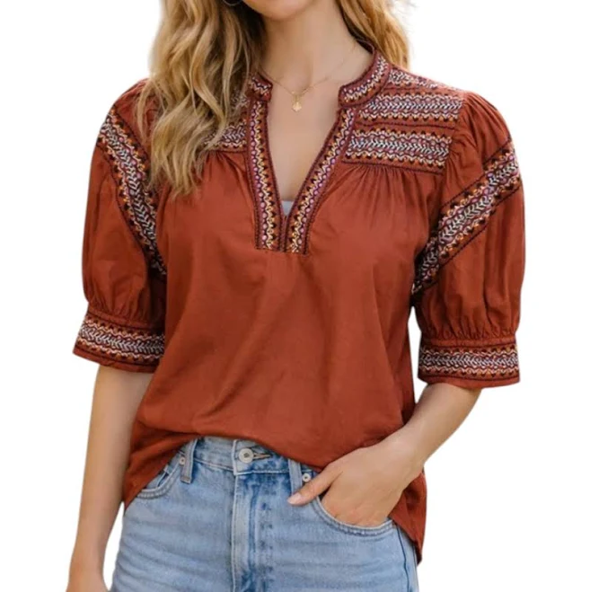 top A Loves A Rust Burnt Orange Puff Sleeve Embroidered Peasant Top Cotton eBay - jenpicked $28.6