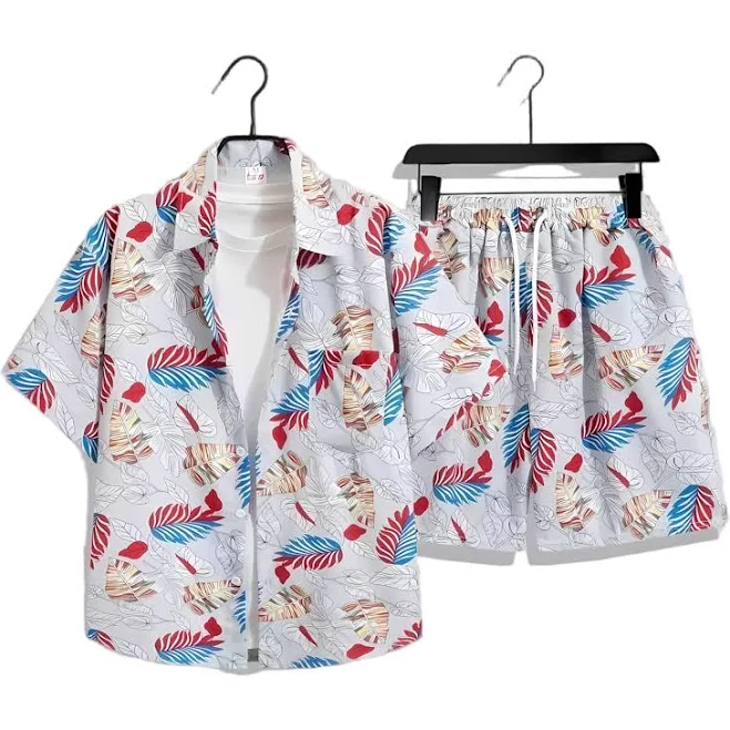 matching set Abstract Leaf Print Short Sleeve Shirt and Shorts Set in White with Colorful Details sitchs $21.9