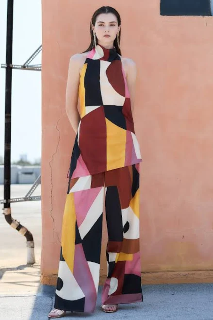 two piece set Abstract Print Halter Top & Wide-Leg Pants Set dripsen.com $80.9