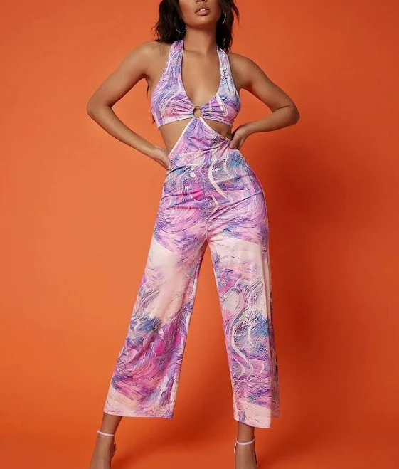 jumpsuit Abstract Print O-Ring Halter Wide-Leg Jumpsuit Size Large eBay - fashionworld516 $26.99