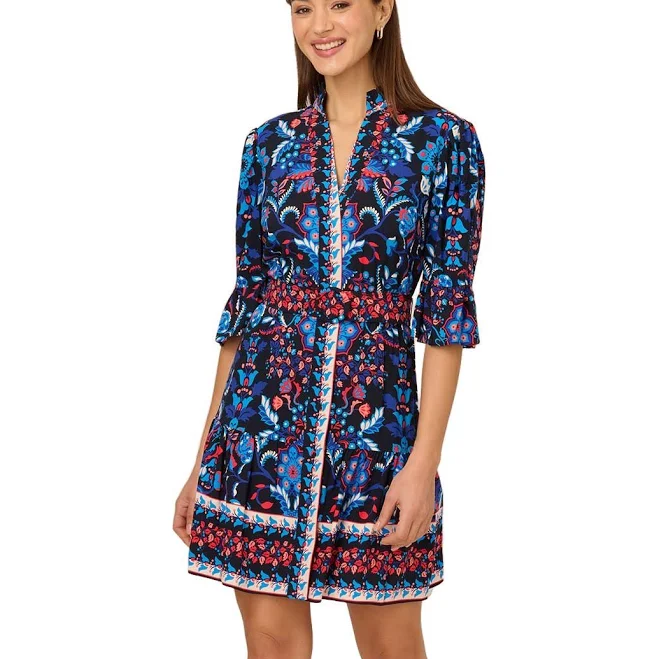 dress Adrianna Papell Abstract Print Shirt Dress With Bell Sleeves - Navy Multi Editorialist $149
