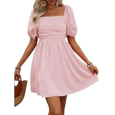 dress Allegra K Women's Casual Square Neck Puff Short Sleeve Backless Mini Dress Walmart - queenaa $23.17