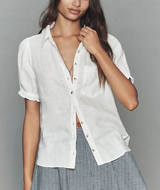 top Aly 100% European Linen Puff-Sleeve Blouse by Pilcro in White, Size: XS at Anthropologie Anthropologie $108