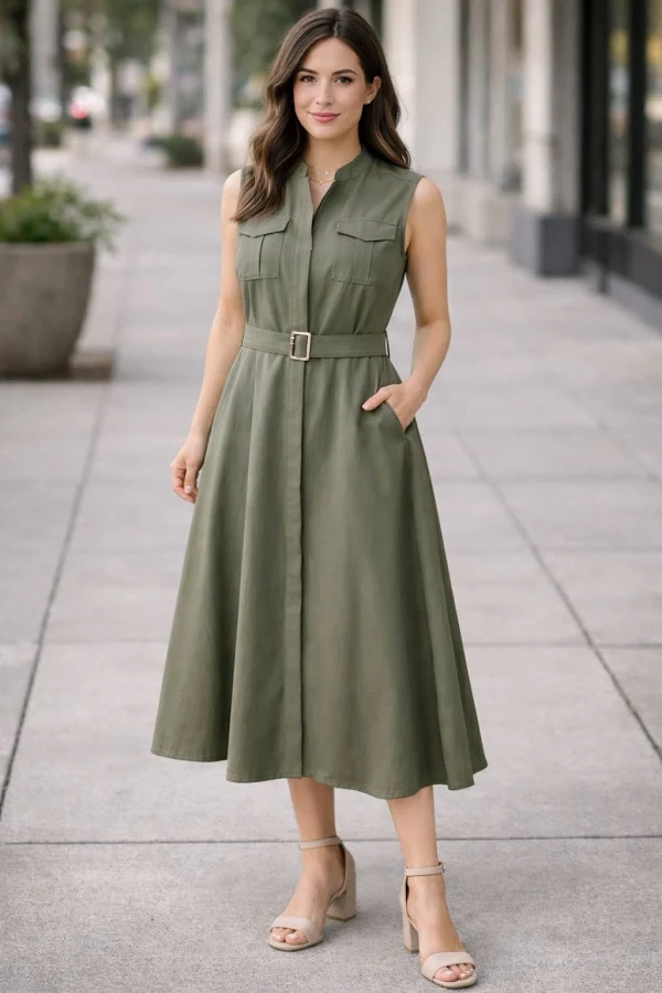 dress Ann Taylor Army Green A-line Midi Dress Utility Sleeveless Pockets eBay $45