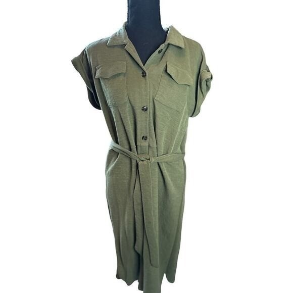 dress Ann Taylor Olive Green Utility Shirt Dress Roll Tab Sleeves Belted Midi LP eBay $29