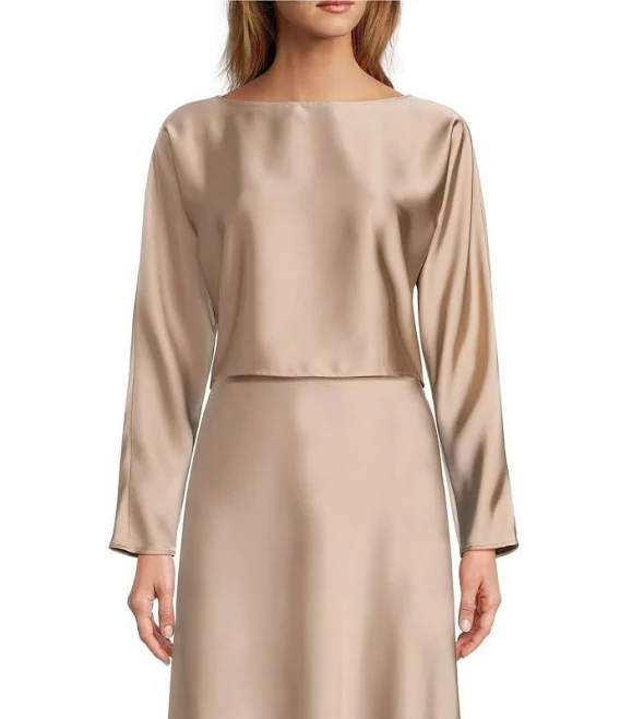 top Antonio Melani Blyss Boat Neck Long Sleeve Coordinating Satin Blouse Womens Dillard's $79