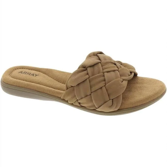 shoes Array Tan Suede Flat Sandals With Braided Strap And Cushioned Footbed eBay $12.75