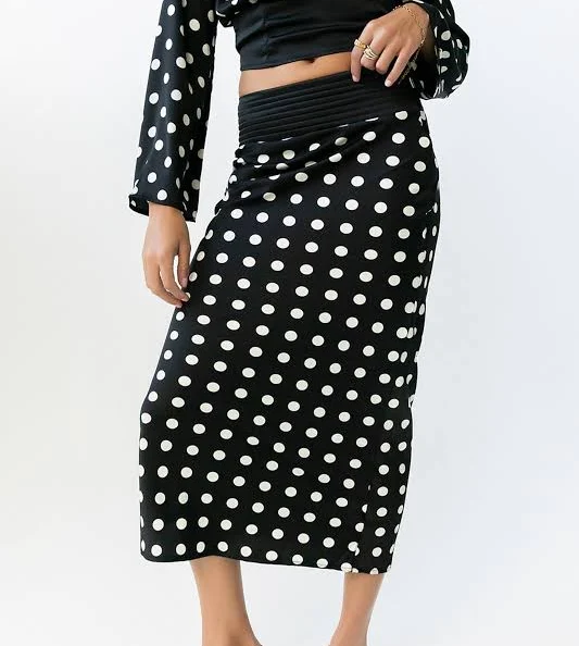 polka dots outfits böhme Journey Polka Dot Non Stretch Midi Skirt böhme $64.5