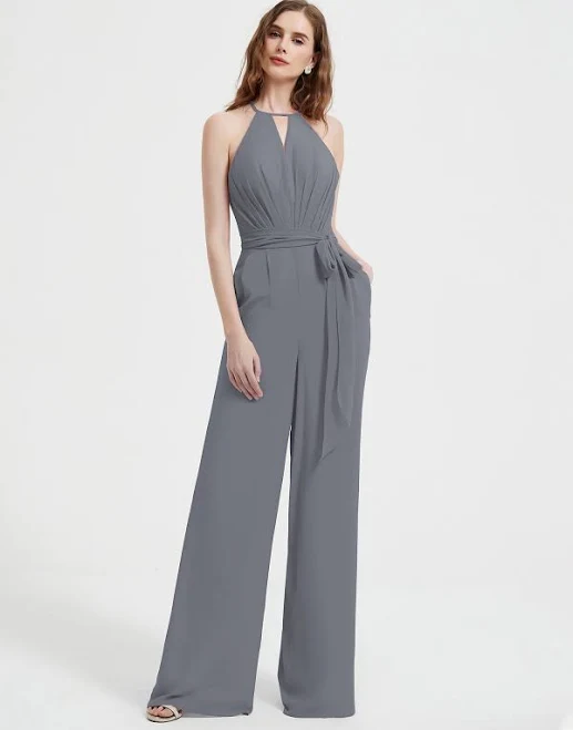 jumpsuit BABARONI Halter Neckline Pleated Jumpsuit with Sash Babaroni.com $89.1
