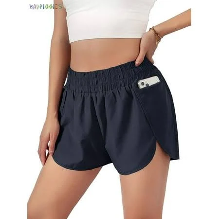 shorts Badpiggies Women's Quick-Dry Elastic High Waisted Running Shorts with Zipper Pocket Walmart - BAD PIGGIES & CO $8.99