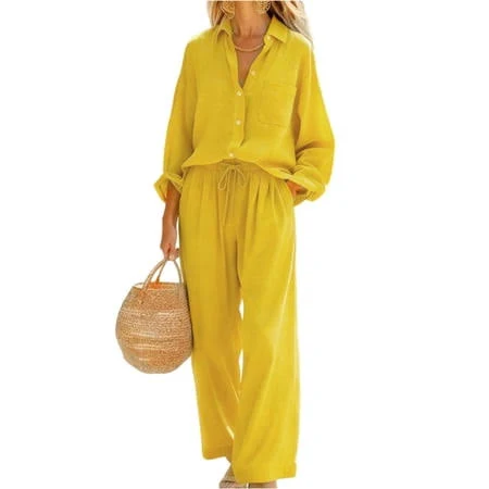 matching set Bbyeadc Women Two Piece Linen Outfits Sets Collared Long Sleeve Button Down Shirt Drawstring Pants Travel Sets Walmart - bbyeadc $31.99