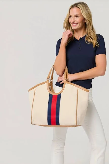 bag Beige Canvas Tote Bag with Red and Navy Stripe Amanda Jean NYC $160