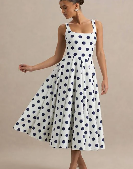 dress Berta | White And Navy Polka-Dot Square-Neck Midi Dress US 8 / NAVY POLKA DOT Club L London USA $160