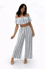 matching set Blue Blush Striped 2-Piece Set – Off Shoulder Top + Wide Leg Pants (Boutique) eBay $34.99