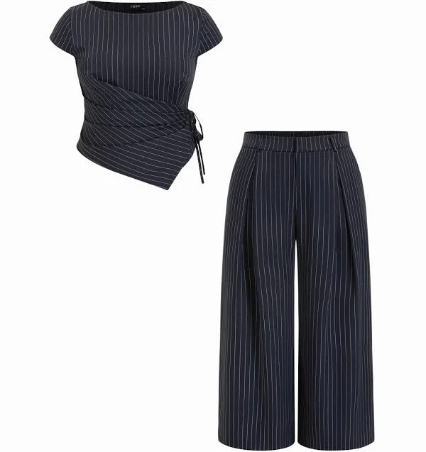matching set Boat Neck Woven Striped Wrap Top & Mid Rise Wide Leg Trousers Set Cider $47.9