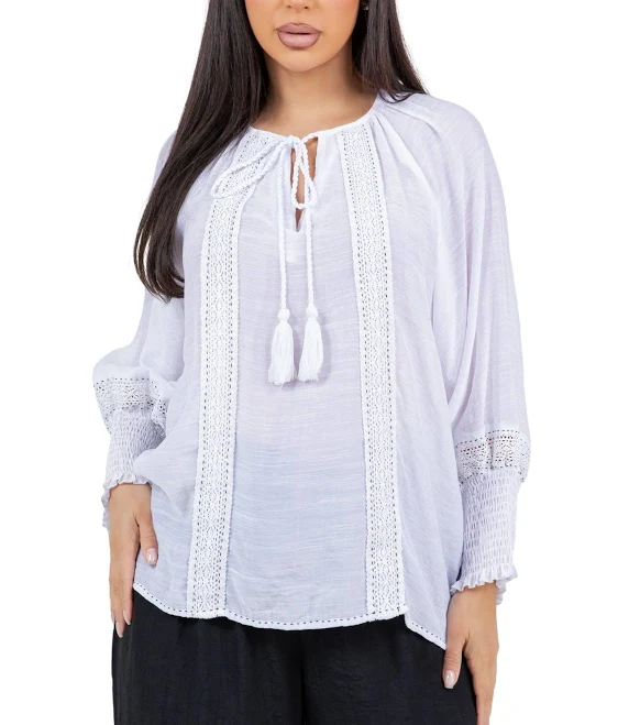 top Boho Tassel Peasant Blouse with Lace Trim and Smocked Sleeves Mojito Collection $88