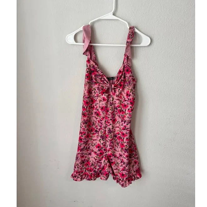 romper Boohoo Pants & Jumpsuits | Boohoo Pink Floral Ruffle Tie Front Romper Sleeveless V-Neck Summer Sunsuit 12 | Color: Pink | Size: 12 | Pm-49684173's Poshmark $14
