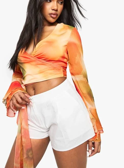outfits Boohoo Women's Abstract Chiffon Tie Front Flare Sleeve Blouse Nasty Gal - US $20