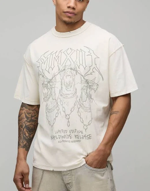 top boohooMAN Men's Oversized Graphic Exposed Seams T-Shirt BOOHOOMAN US $22