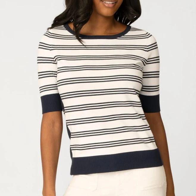 top Cable & Gauge Women's Stripe Boat Neck Sweater - Snow white with navy blazer Macy's $34.3