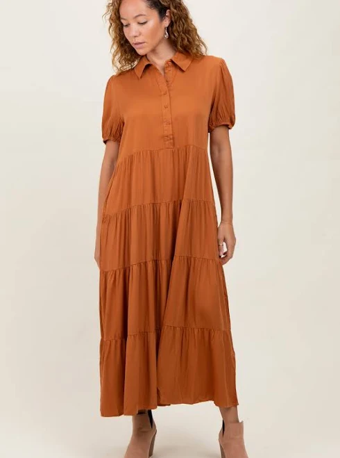 shirt dress Camel Collared Button Down Tiered Midi Dress PinkBlush Maternity $50