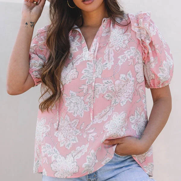 top Cattleya Floral Drawstring V-Neck Puff Sleeve Blouse Jane.com $28.49