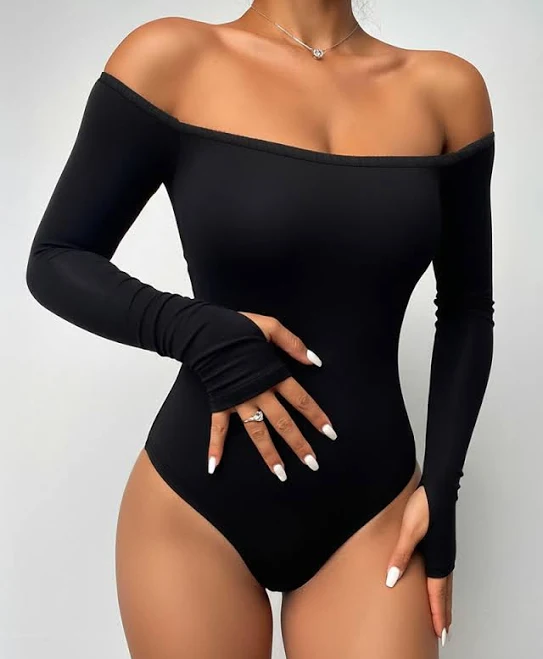 top Chicme Off Shoulder Slim Fit Bodysuit with Thumb Hole Cuffs Chic Me $30.99