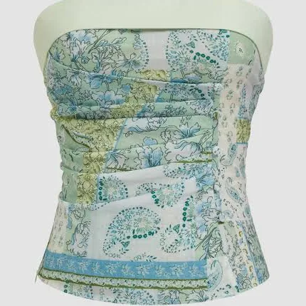 top CIDER Women's Bandeau Cotton-Blend Paisley Ruched Fold-Over Sleeveless Daily Casual Bandeau Top Cider $32.9