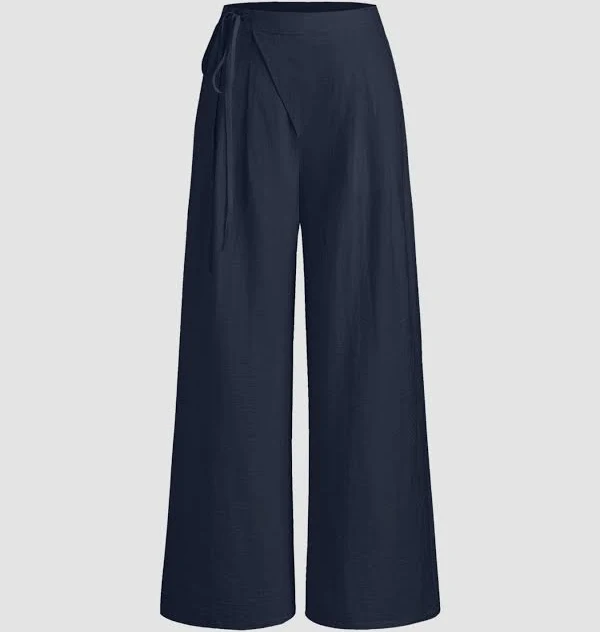 matching set CIDER Women's Linen-Blend Mid-Rise Wide Leg Trousers Breathable Stretch Knotted Flattering Summer Office Vacation Cider $37.9